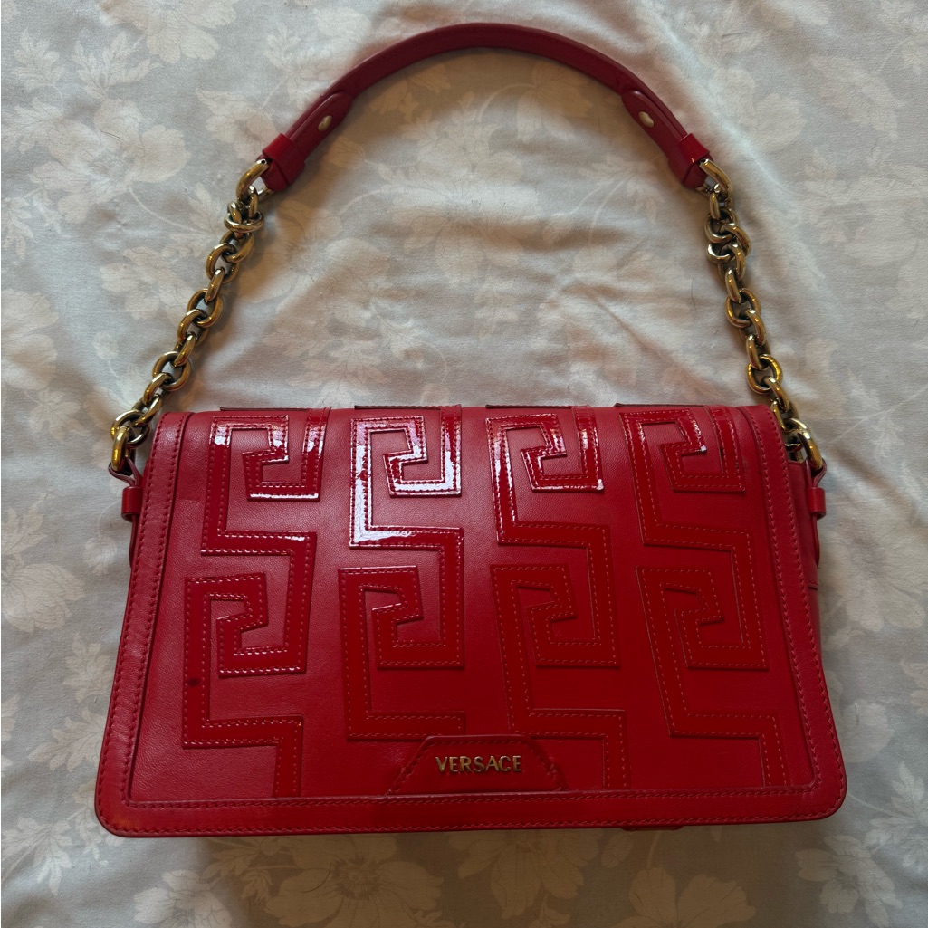 Versace Red Leather Shoulder Bag With Gold Chain